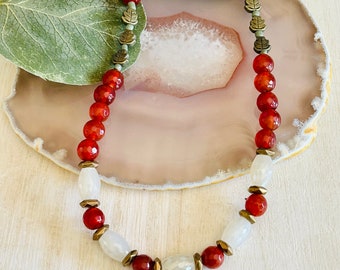 Carnelian And Crystal Beaded Leaf Necklace, Women’s Fall Hippie Boho Necklace