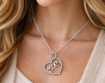 Mom Heart Necklace, Gift for Mom, Crystal Heart Pendant, Mother’s Day Necklace, Dainty Silver Jewelry, Mom Jewelry Gift