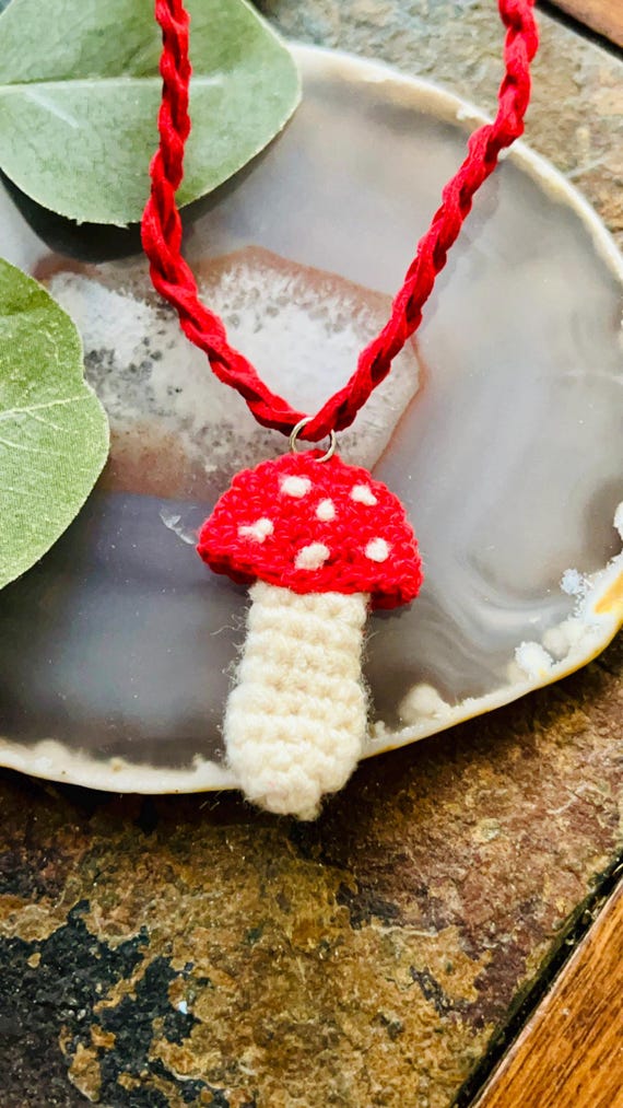 Crochet Mushroom Kids Necklace, Cute Toadstool Pendant