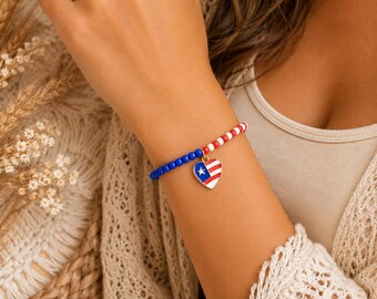 Patriotic Red White and Blue Stretch Bracelet | American Flag Heart Charm Bracelet | Fourth of July Jewelry | USA Beaded Bracelet | American