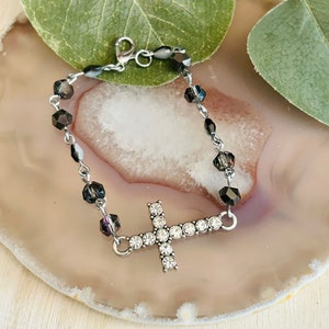 Silver Rhinestone Cross Wire Wrapped Black Bead Bracelet , Womens Silver Religious Bracelet