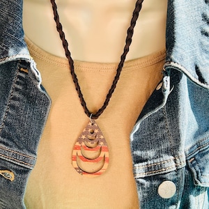 Distressed Teardrop American Flag Leather Braided Necklace, Womens Americana Western Boho Necklace