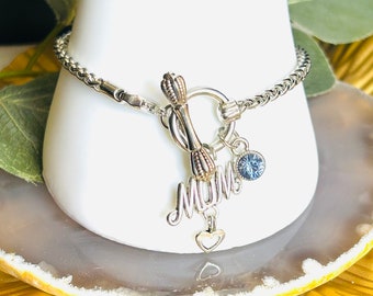 Silver Mom Charm Bracelet with Blue Gem