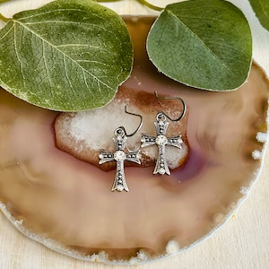 Silver And Rhinestone Cross Earrings , Women’s Religious Baptism Drop Earrings