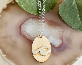 Women’s Wood And Silver Wave Necklace, Women’s Silver Necklace