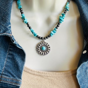 Hematite Turquoise Beaded Flower Charm Necklace, Women’s Boho Hippie Western Southwestern Floral Necklace