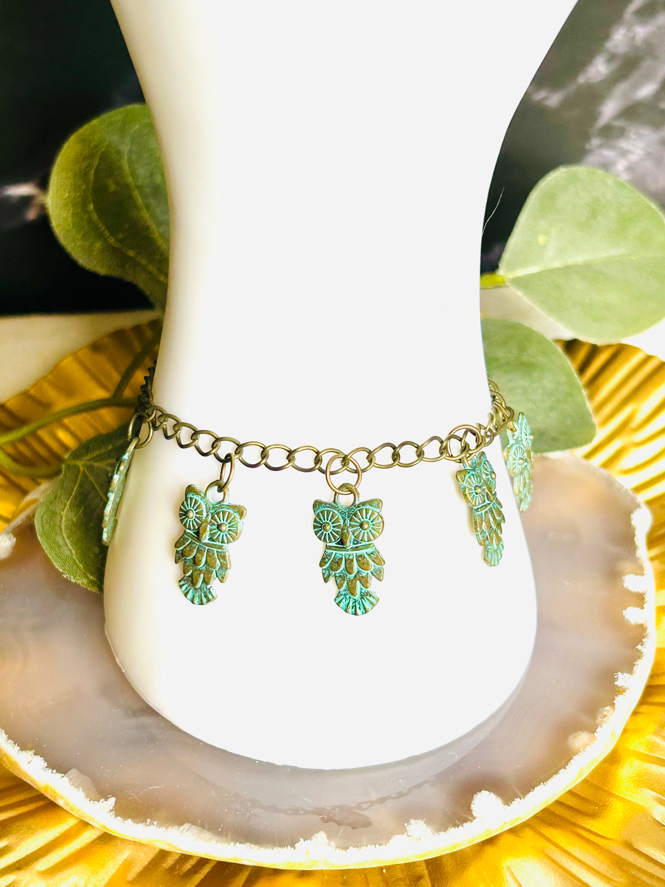 Distressed Owl Charm Bracelet: Brass Womens Jewelry