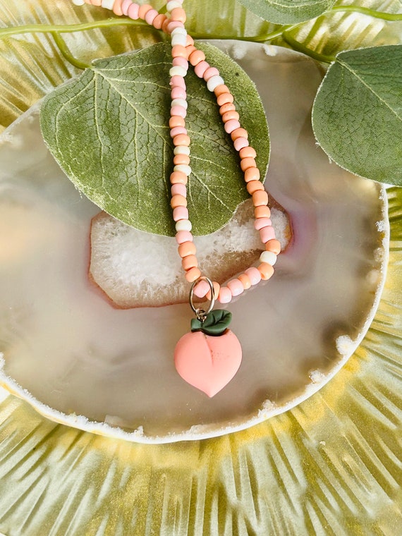 Beaded Peach Charm Stretch Necklace, Kids Boho Hippie Food Fruit