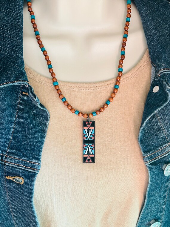 Wood Bead Aztec Pendant Necklace, Womens Western Southwestern