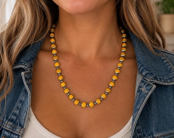Yellow And Silver Beaded Necklace, Women’s Fall Geometric Necklace