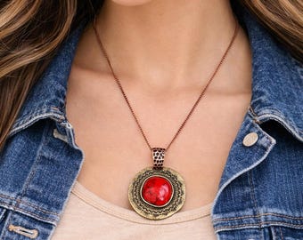 Collier pendentif turquoise rouge, collier bohème occidental, bijoux tendance sud-ouest, cadeau collier cow-girl rustique