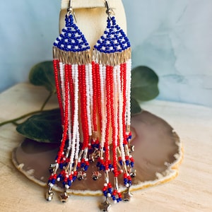 American Flag Seed Bead Earrings: Boho Hippie Holiday Drop Earrings