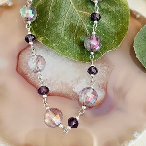 Womens Purple Bead Necklace, Womens Silver Necklace