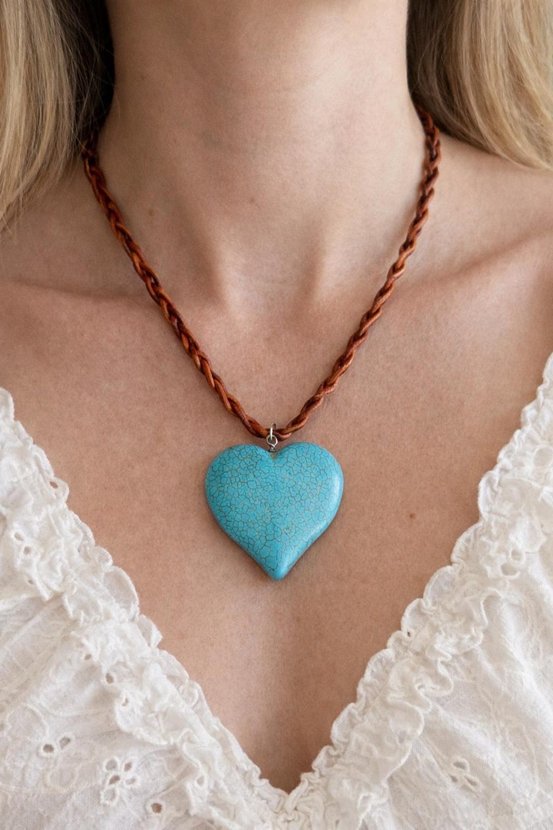 Turquoise Heart Necklace, Western Leather Necklace, Boho Turquoise