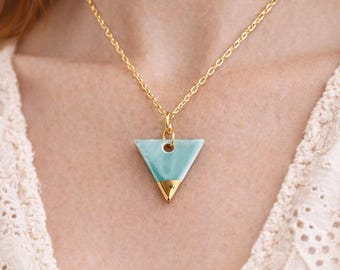 Turquoise Triangle Necklace – Gold Dipped Geometric Pendant – Modern Boho Minimalist Jewelry Gift for Her