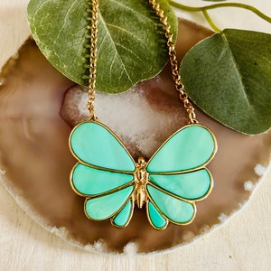 Women’s Turquoise Shell Butterfly Necklace, Women’s Gold Necklace