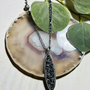 Womens Two Chain Black Stone Pendant Necklace, Womens Gunmetal Necklace