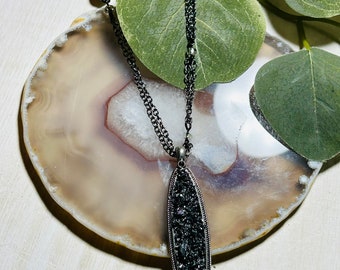 Collier pendentif en pierre noire fait main : deux chaînes bronze
