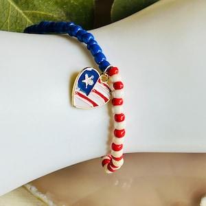 Red White And Blue Flag Bracelet , Womens Boho Hippie 4th Of July Patriotic Bracelet