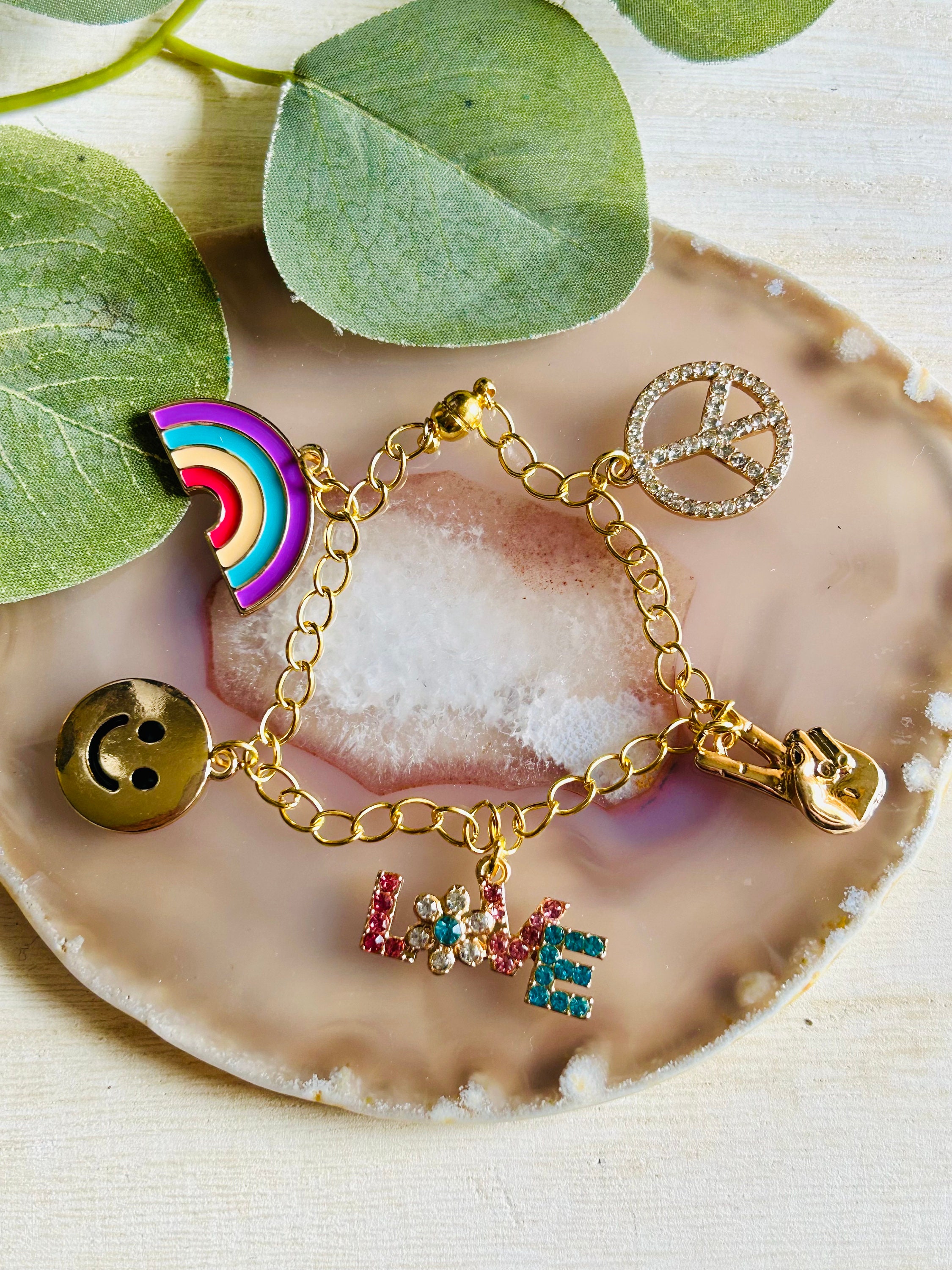 Peace Love Charm Bracelet , Womens Boho Hippie Rainbow 