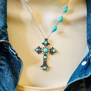 Turquoise And Rhinestone Cross Necklace, Womens Southwestern Western Baptism Religious Necklace