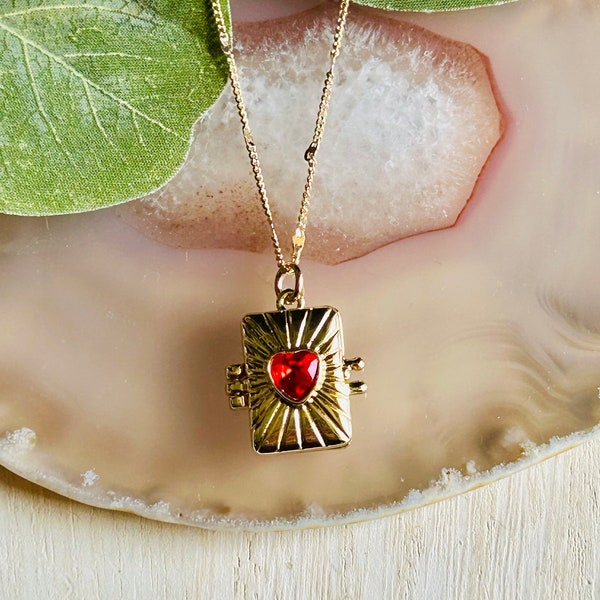 Red Heart Book Locket Necklace, Womens Boho Hippie Love Friendship Necklace