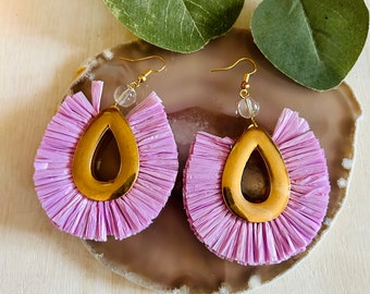 Women’s Gold And Purple Raffia Earrings , Women’s Teardrop Earrings D3