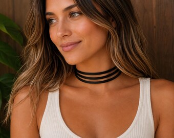 Black Leather Wrap Choker, Layered Leather Choker Necklace, Minimalist Gothic Choker, Adjustable Boho Choker, Women’s Handmade Jewelry
