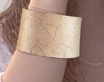 Gold Leather Cuff Bracelet, Wide Metallic Gold Statement Bracelet, Boho Western Leather Cuff Jewelry