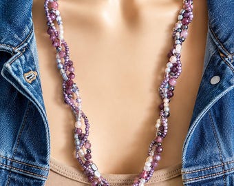 Purple Multi Strand Beaded Necklace, Lavender Boho Necklace, Crystal Drop Pendant, Layered Bead Necklace, Bohemian Jewelry