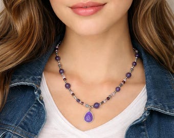 Amethyst Beaded Necklace with Teardrop Pendant, Purple Gemstone Necklace, Boho Cottagecore Jewelry Gift for Her