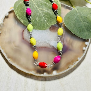 Kids Red, Pink, Green, Yellow, And Orange Necklace, Kids Silver Necklace