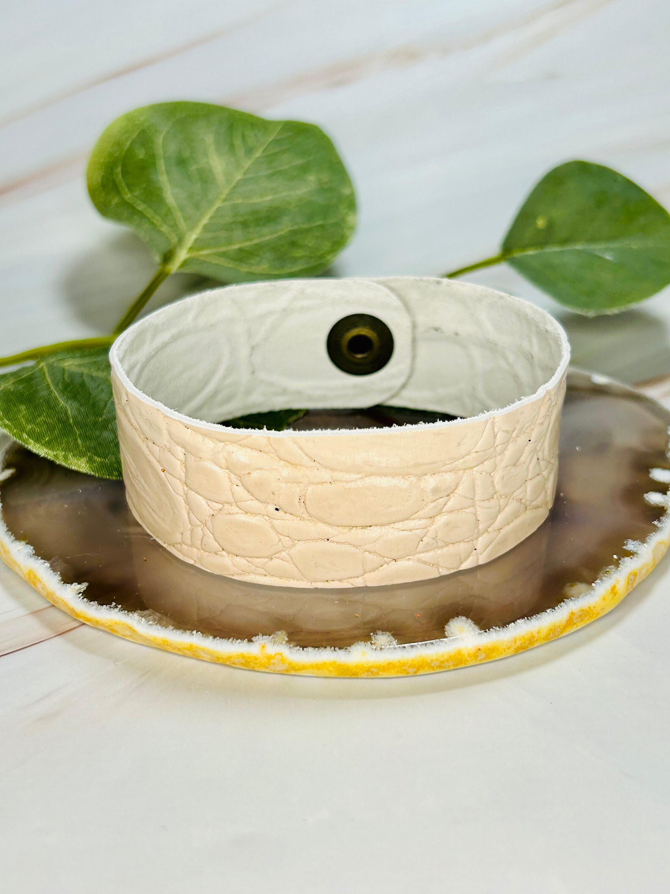 Neutral Croc Embossed Leather Cuff Bracelet | Beige Wide 
