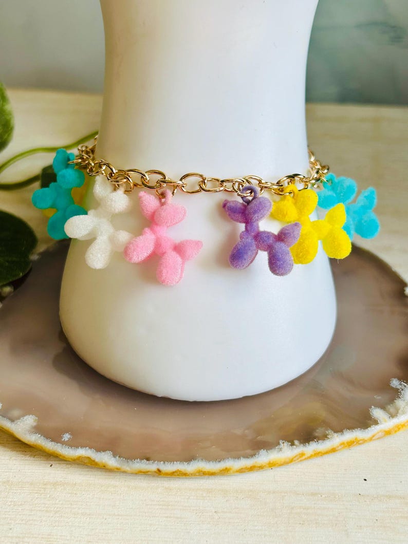 Fuzzy Balloon Dog Charm Bracelet , Womens Boho Hippie Animal Bracelet