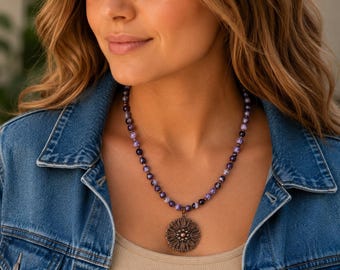 Purple Gemstone Beaded Necklace, Amethyst Style Necklace, Antique Copper Floral Pendant, Boho Statement Jewelry, Gift for Her
