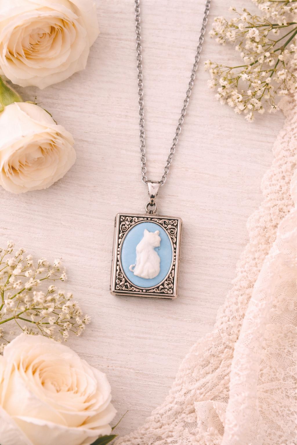 Vintage Cat Cameo Locket Necklace, Cottagecore Jewelry, Silver Cat ...