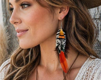 Boho Feather Earrings, Western Statement Earrings, Long Feather Dangle Earrings, Rustic Cowgirl Jewelry, Festival Earrings