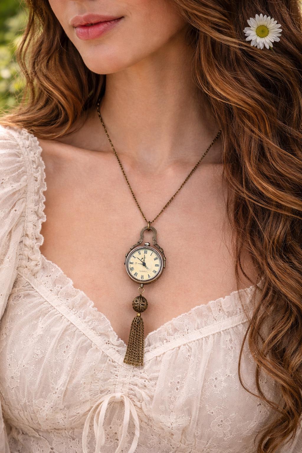 Vintage Pocket Watch Necklace, Antique Style Watch Pendant  display picture 3