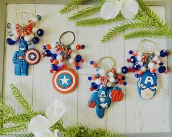 Patriotic Superhero Inspired Keychain | Red White Blue Beaded Keychain | Shield Hero Charm | Super Soldier Gift | Backpack or Purse Charm