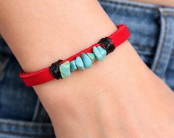 Leather Turquoise Bracelet, Western Boho Cuff, Minimalist Gemstone Bracelet, Handmade Gift for Her, Stackable