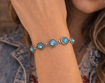 Turquoise Crystal Western Bracelet, Southwestern Silver Link Bracelet, Cowgirl Statement Jewelry, Rodeo Gift for Her