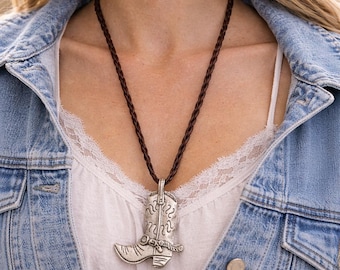 Western Boot Necklace, Cowgirl Jewelry, Cowboy Boot Pendant Necklace, Western Leather Cord Necklace, Country Western Gift for Her
