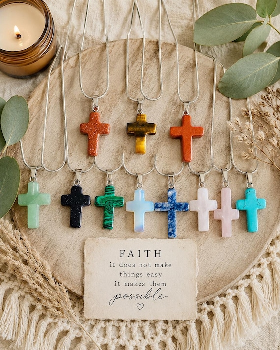 Natural Gemstone Cross Necklace | Opal, Sodalite, Rose Quartz
