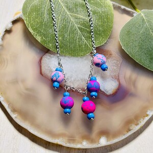 Kids Pink And Blue Bead Necklace, Kids Silver Necklace