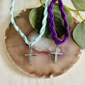 Girls Tricolor Cross Necklace, Girls Purple Cross Necklace