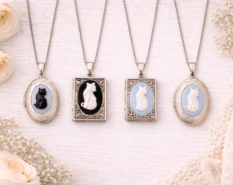 Vintage Katze Cameo Locket Halskette, Cottagecore Schmuck, Silber Katze Anhänger, viktorianischen Stil Medaillon, Geschenk für Katzenliebhaber
