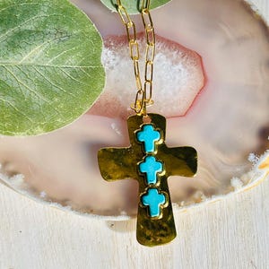 Turquoise Cross Pendant Necklace, Boho Hippie Cross Religious Baptism Western Southwestern Necklace