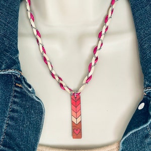 Pink And Tan Leather Chain Braided Wood Heart Charm Necklace, Womens Boho Hippie Love Friendship Valentines Necklace