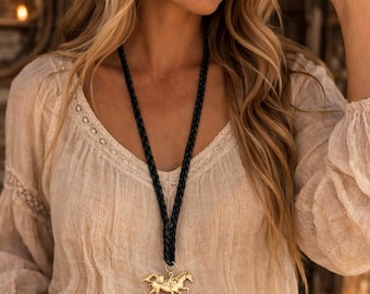 Running Horse Necklace, Western Horse Pendant, Gold or Silver Horse Jewelry, Braided Leather Necklace, Cowgirl Gift for Her