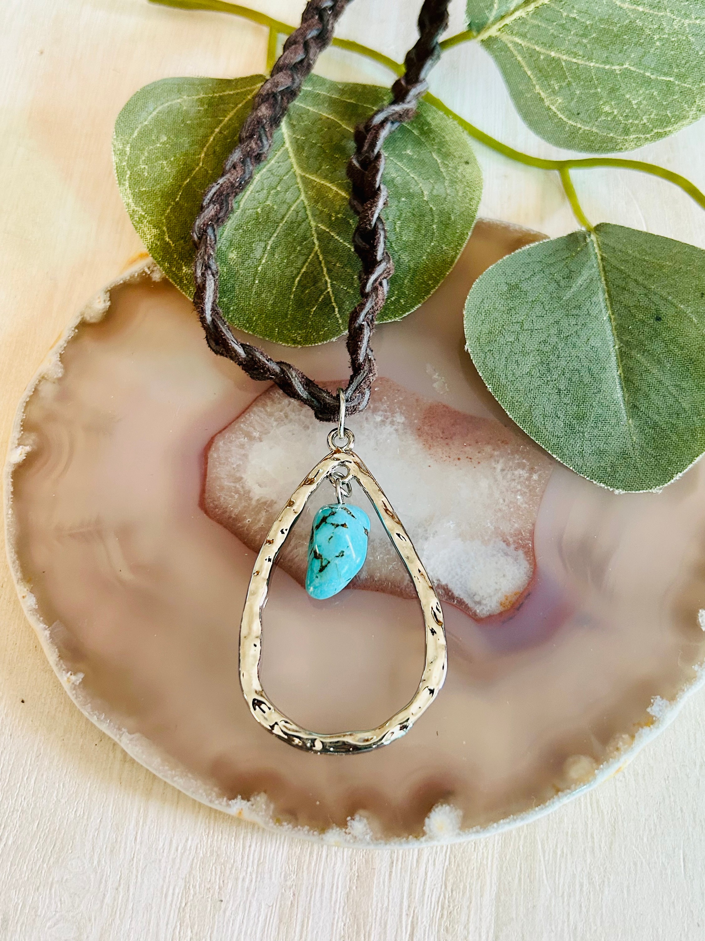 Braided Brown Leather Necklace with Silver-Tone Teardrop Pendant Boho Leather Necklace With Silver Teardrop Pendant, Brown or  main image 3